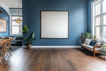Interior of house with wood floor, dark blue walls, sofa and mockup