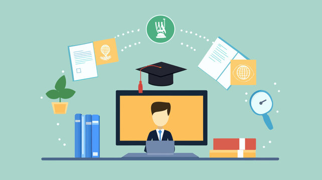 Flat Design Vector Illustration of Distance Education Concept with Student, Books, Laptop, Graduation Cap, and Study Materials for Online Learning, E-learning, and Remote Academic Programs