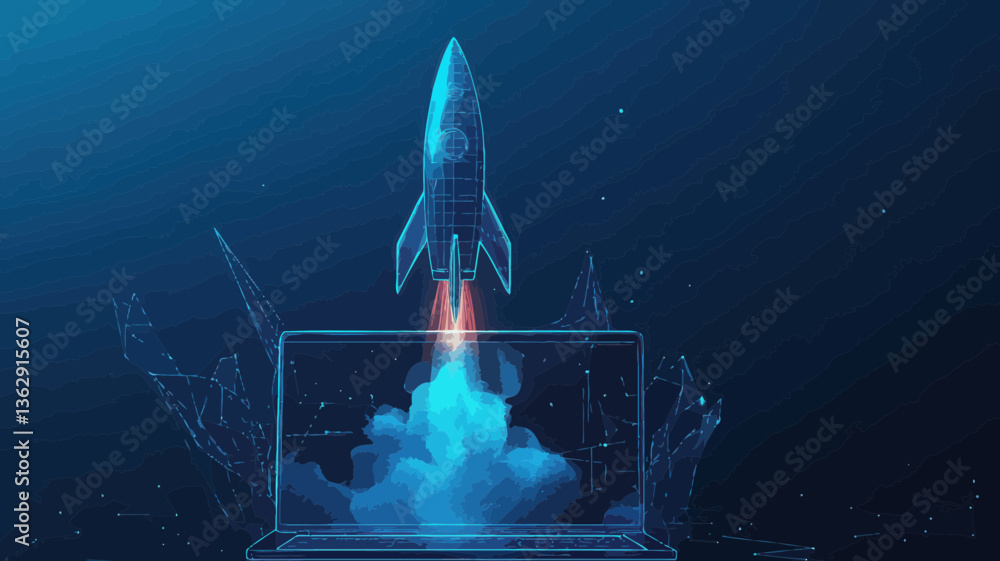 Poster abstract rocket launch from laptop screen - 3d low poly vector illustration on technological blue ba