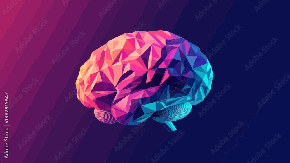 Poster low poly colorful brain in flat minimalist svg vector style illustrating creativity and innovation c