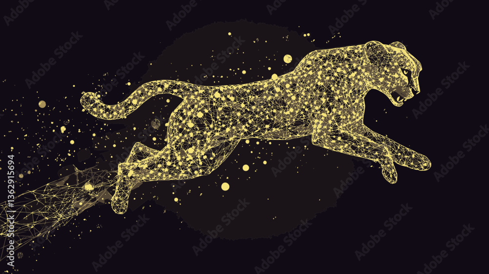 Poster low poly cheetah in motion: dynamic jumping vector with polygonal thin line design and mesh spheres,