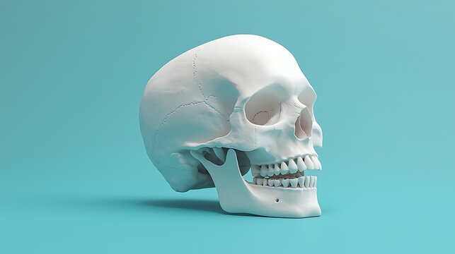 White human skull rotating on turquoise background with teeth showing
