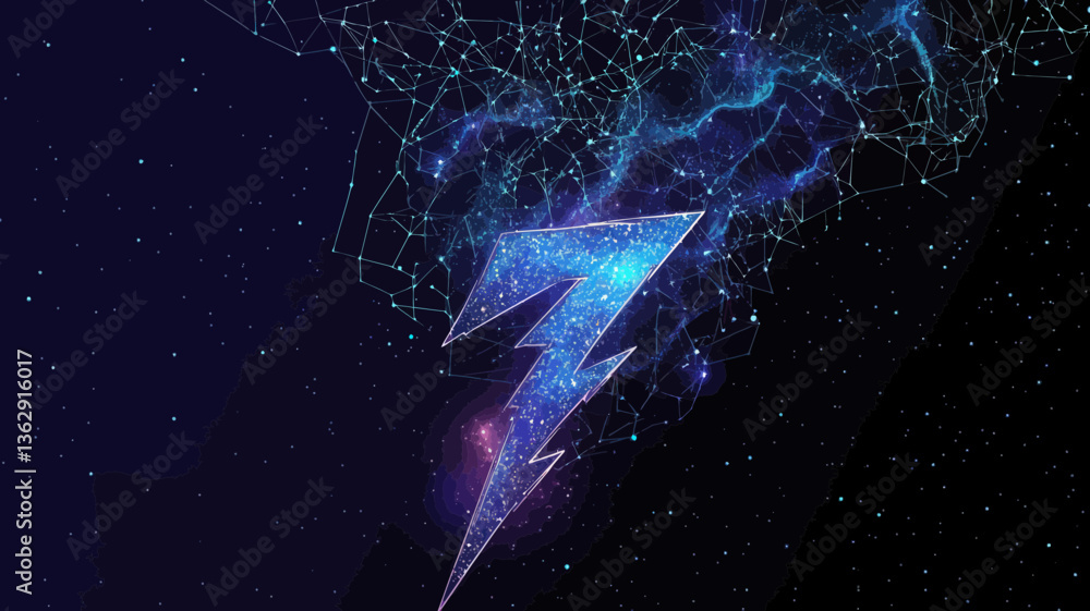 Poster futuristic energy lightning in starry sky with planets and universe elements, abstract vector wirefr