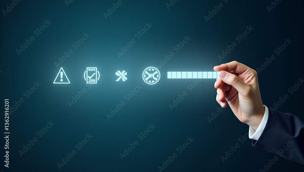 Poster hand adjusting holographic quality level slider from poor to excellent displaying qc qa symbols symb