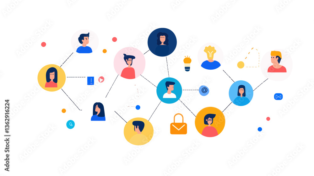 Poster social media network vector with diverse user avatars and connection icons illustrating online commu