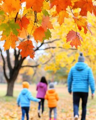 A family walks through a vibrant autumn landscape, surrounded by colorful leaves and trees, capturing the essence of fall.