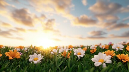 Fototapeta premium Flowers morning mist Concept, Morning Mist Over a Meadow Filled with Colorful Wildflowers Under a Brightening Sky