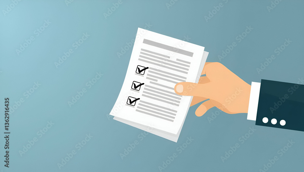 Poster flat hand holding document with checkmark and holographic quality control icons - a simple and cute 