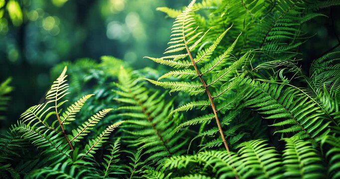 Beautiful fern leaves with green foliage create a natural floral background illuminated by sunlight.