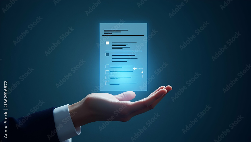 Aufkleber flat hand presenting holographic device: showcasing standardized evaluation report formats with clar