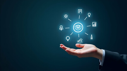 Flat Hand Holding Holographic Incident Management Icons: Diagnosing and Resolving Problems in an Empty Space - A Cute Vector Illustration for Smart Business Solutions
