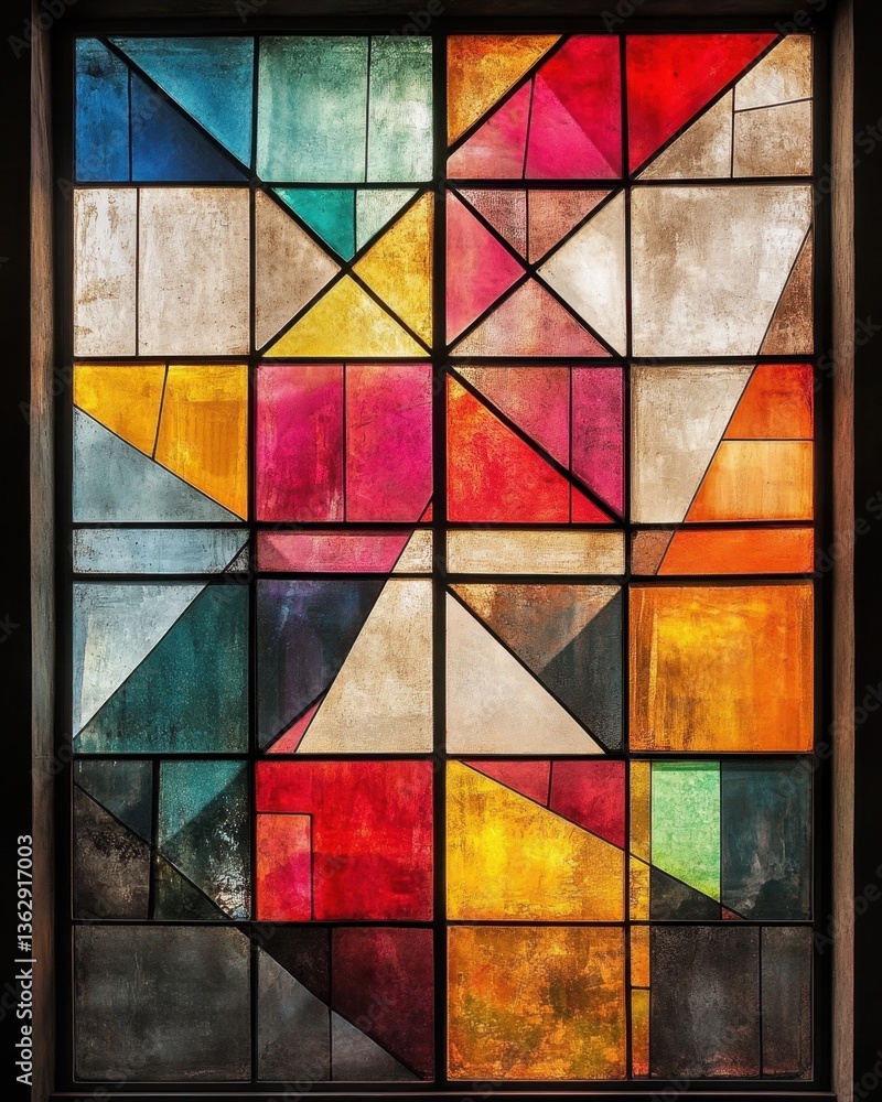 Poster vibrant stained glass window with geometric shapes creating a colorful abstract pattern and artistic