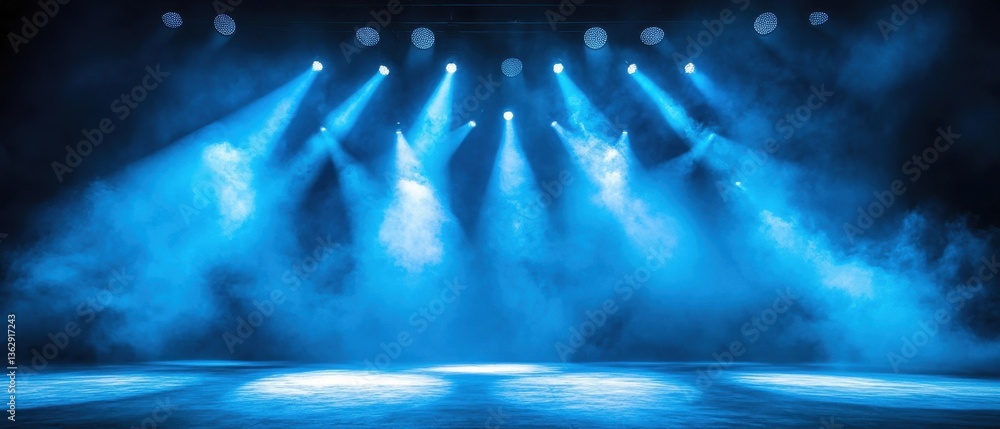 Poster dramatic stage lighting with blue spotlights and smoke creating a captivating atmosphere for perform