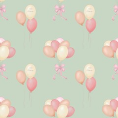 Seamless holiday pattern with pink inflatable balloons,   pink bow  on a green background. Ideal for wedding, birthday, party, children party,  gifts, home decor, Baby shower, holiday.