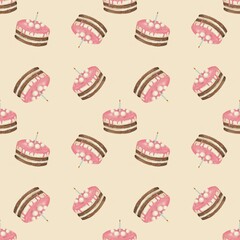Seamless birthday pattern with  pink cake and candle on a yellow  background. Ideal for first  birthday, party, children party,  gifts, home decor, holiday, fabric, textile, packaging, gift