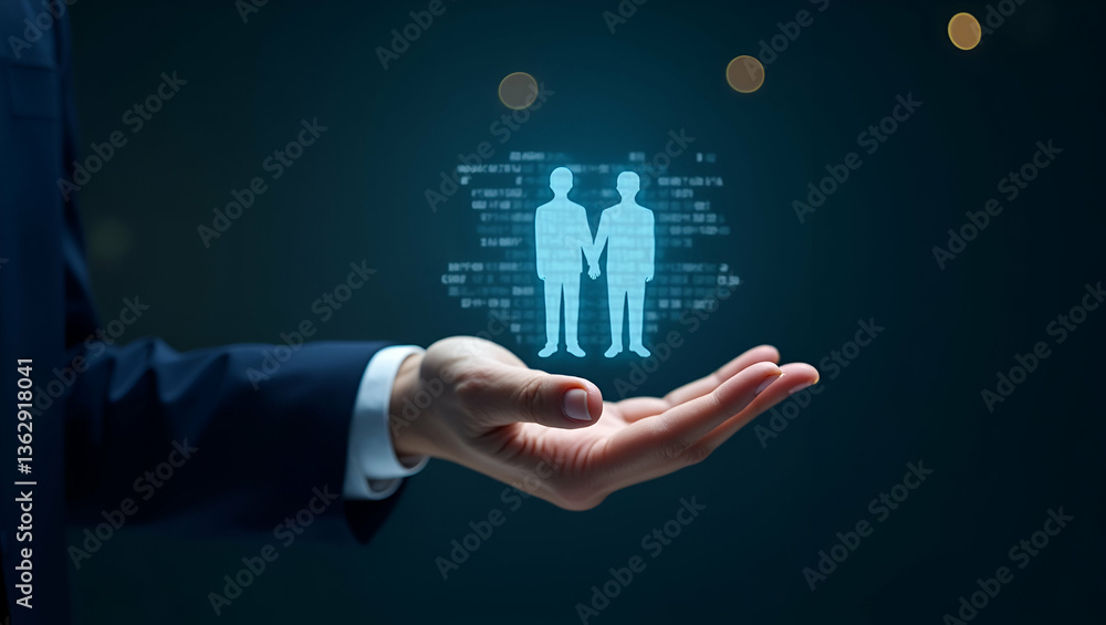 Poster flat hand presenting holographic collaboration icon: teamwork in low code automation - minimalist ve