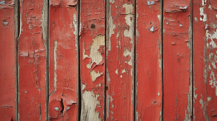 Fototapeta premium A weathered red painted wooden fence with peeling paint and visible wood grain texture detail close up view