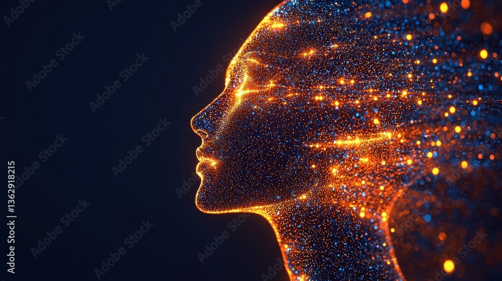 Poster glowing profile of a futuristic ai model representing language and adaptability in a digital world
