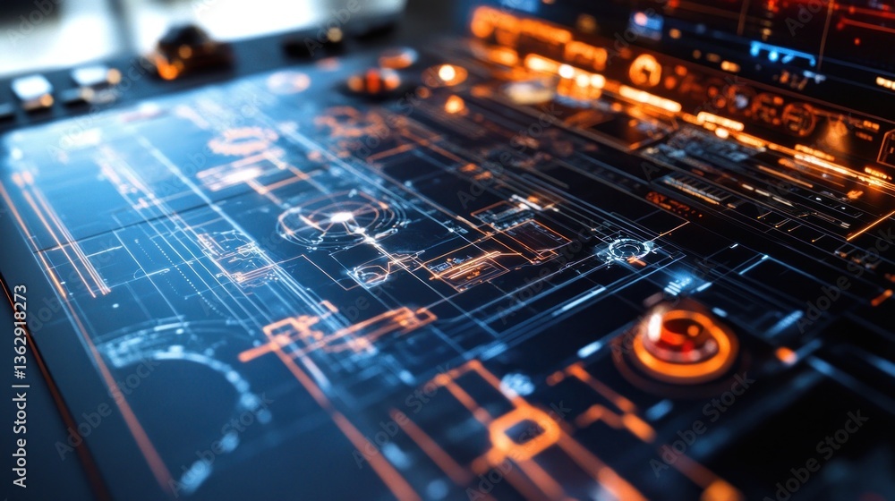 Poster futuristic technology interface, close-up of a sci-fi control panel with glowing digital schematics 