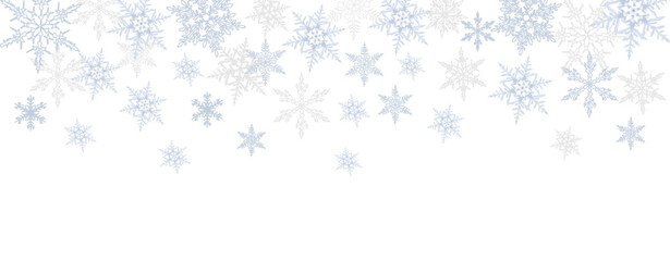 Abstract Christmas background with blue and silver snowflakes border and copy space for text. Winter snow. Overlay, banner, cover. Realistic vector illustration isolated