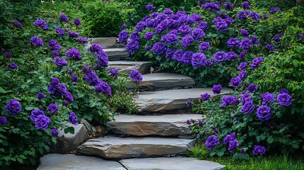 Naklejka premium Stone Steps Lined with Deep Purple Roses in a Lush Garden AI Generated