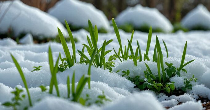 Amidst the remaining snow, lively green shoots emerge, signaling the shift from winter to spring in a garden, demonstrating nature's strength and renewal.