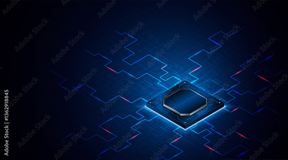Poster Microchip processor circuit board technology on dark blue background. Information Processing Concept. Circuit board hi-tech technology background. vector illustration	