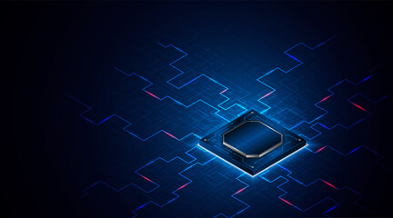 Microchip processor circuit board technology on dark blue background. Information Processing Concept. Circuit board hi-tech technology background. vector illustration	