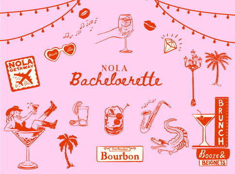 Set of hand drawn New Orleans Bachelorette doodle icons, NOLA Cowgirl Hen Party illustrations, Whimsical Bachelorette vector collection for T-shirts, invitations and web icons