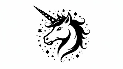 Flat Black and white unicorn head illustration with starry background blending fantasy elements with minimalist design for modern decor and branding concept as Black and white unicorn head illustratio