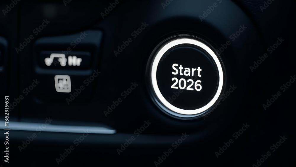 Poster close-up view of futuristic car ignition button displaying 'start 2026' - emphasizing modern automot
