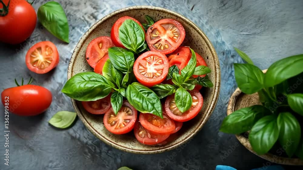 Poster fresh tomatoes and basil in a bowl for a summer salad generative ai