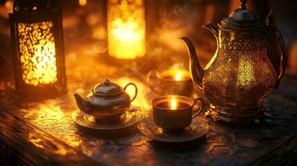 Golden glow, A still life with teapots, cups and candlelit ambience