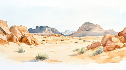 Sharaan Nature Reserve Watercolor Landscape - Serene desert landscape, watercolor painting, vastness, tranquility, ancient rocks. Evokes a sense of peace and adventure