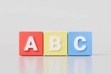 3d Education Blocks icon. Preschool text ABC block. ABC education cube brick concept. School learn child play toy sign and kid math count box simple study symbol isolated on white background.3d render