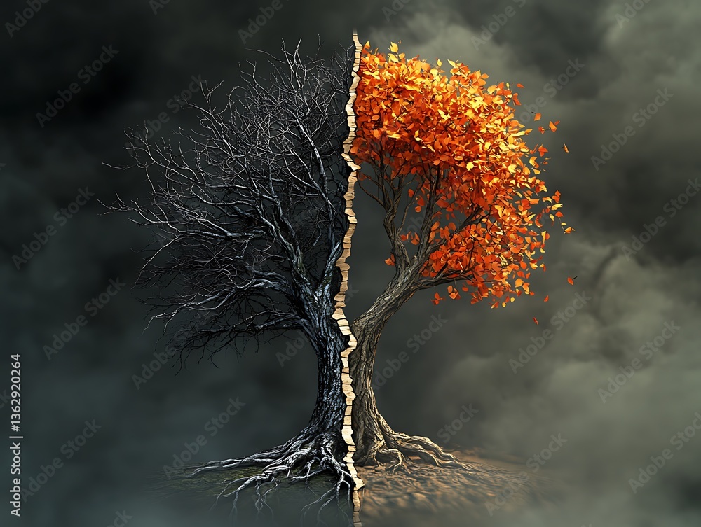 Poster digital artwork featuring a single tree split into two contrasting halves representing desolation an