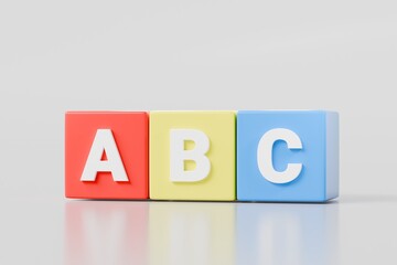 3d Education Blocks icon. Preschool text ABC block. ABC education cube brick concept. School learn child play toy sign and kid math count box simple study symbol isolated on white background.3d render