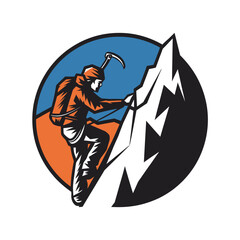 A climber using an ice axe to ascend a steep mountain logo color vector isolated white background