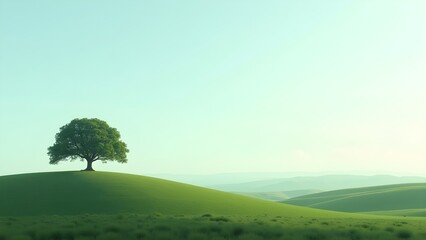 Fototapeta premium Single Tree on Green Hill: Peaceful Landscape Scenery, Minimalist Green Fields and Blue Sky Background