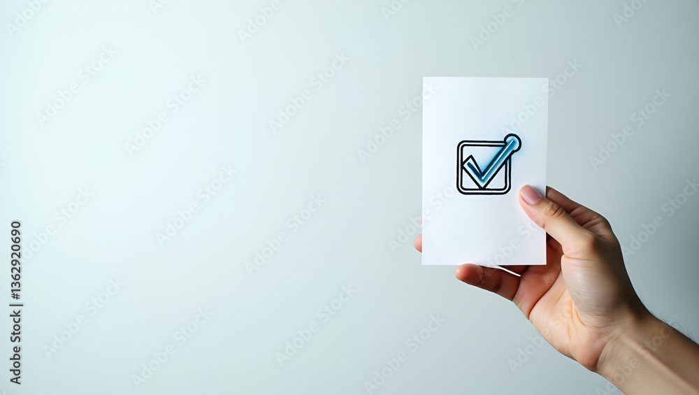 Poster flat hand holding document with checkmark and holographic quality control icons - a simple and cute 