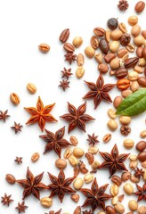 Fototapeta premium Star anise and various beans scattered artfully on pristine white background, black, closeup, background