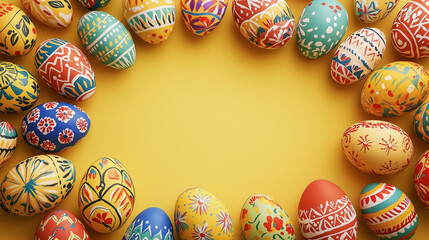 A photo of colorful Easter eggs decorated with traditional Ukrainian patterns create a frame on the sides with a blank space in the center for text and design on a soft yellow background.