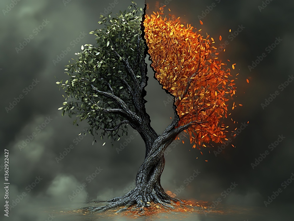 Poster digital artwork featuring a single tree split into two contrasting halves representing desolation an
