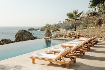 Fototapeta premium Ocean View Poolside Retreat Wooden Loungers, Palm Trees, and Coastal Serenity 86