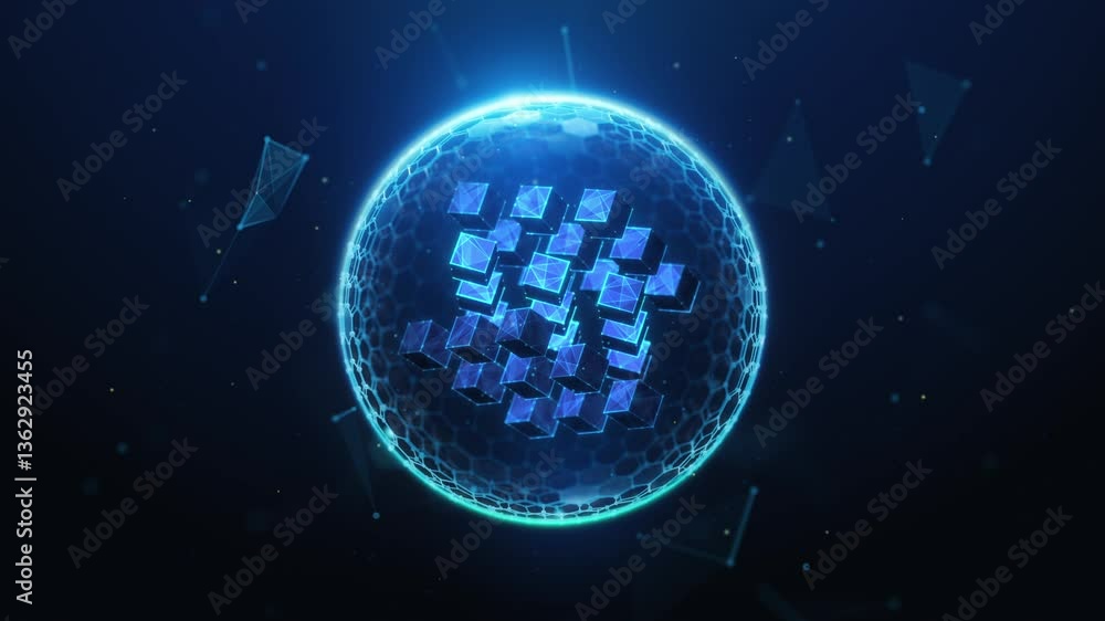 Aufkleber animated lowpoly of blockchain cubes protected by sphere shield spinning in center. security and pri