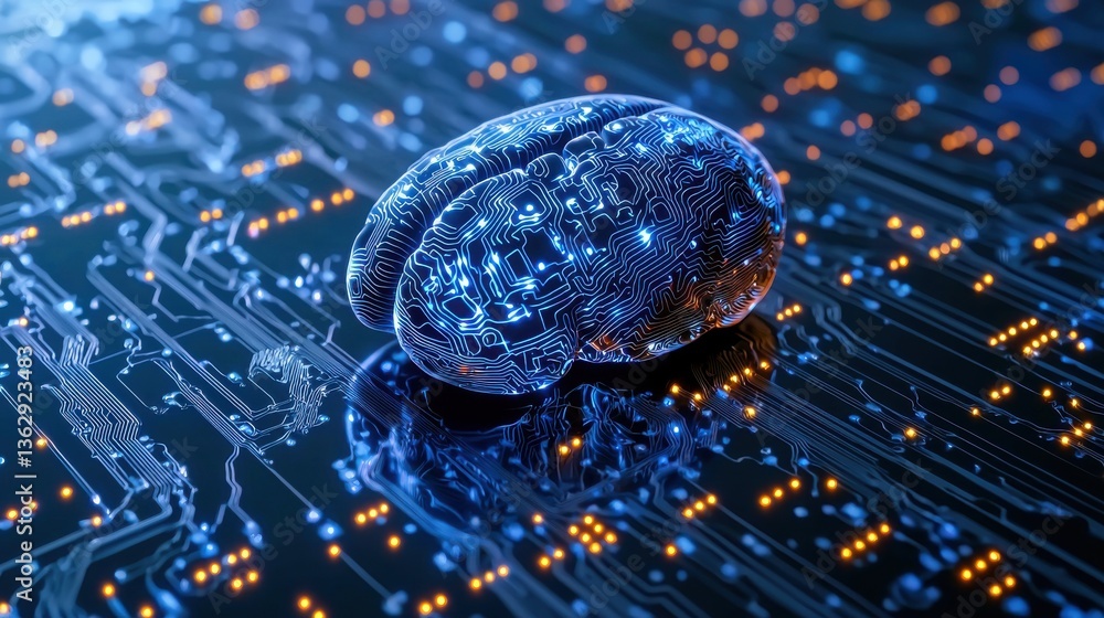 Poster innovative brain model illustrating ai adaptability with circuitry and connections for language proc