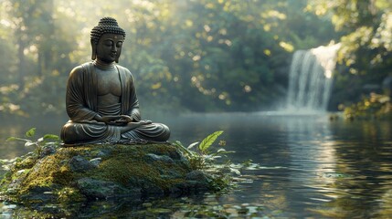 Serene buddha statue meditating by lakeside with a waterfall background