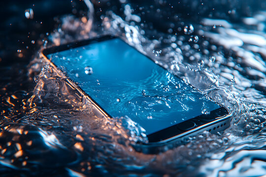 A blank smartphone mockup is submerged in a glass of water with splash effect creating dramatic visual impact for promotion - Powered by Adobe