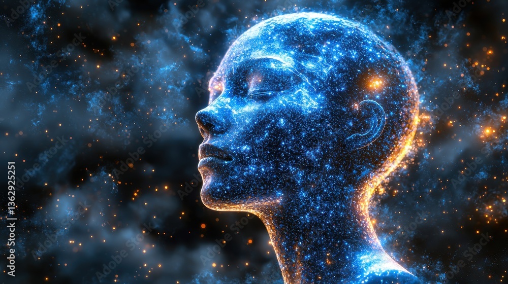 Poster futuristic digital representation of a human face emanating stars and cosmic elements signifying ai 