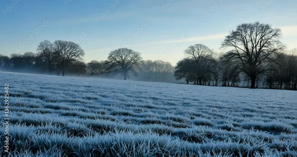Aufkleber a tranquil field blanketed in frost on a clear winter morning, featuring a calming view of trees and